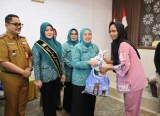 Ketua TP PKK Kota Palembang dan Camat Kemuning Serahkan PMT bagi Ibu Hamil Berisiko Stunting